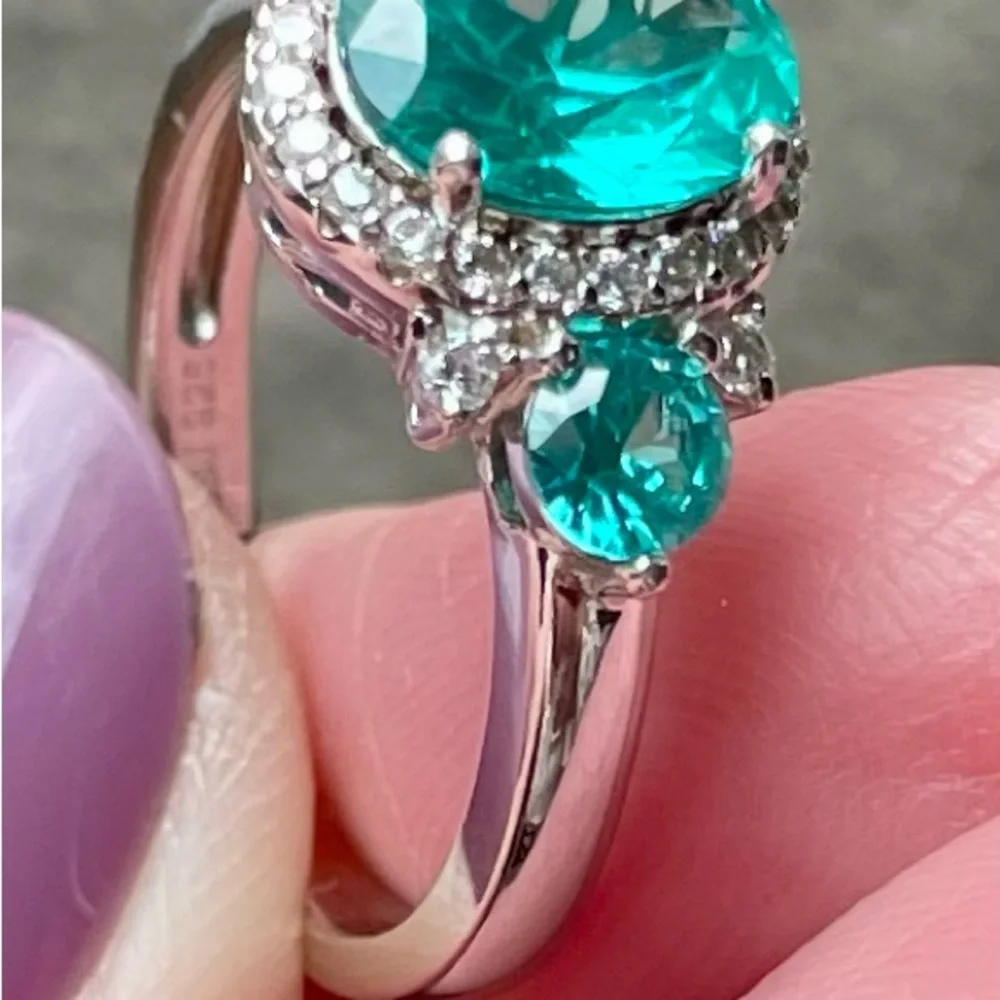 Elegant Sterling Silver and bright Aqua Gemstone RingLab Diamonds Sz 7 JBL 925 - Picture 4 of 9